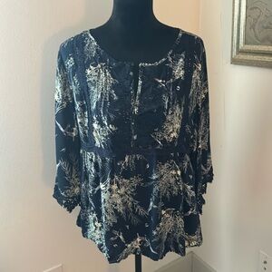 Hagel Dark blue ivory lace trim Bohemian rayon‎ blouse pull over top Sz XL